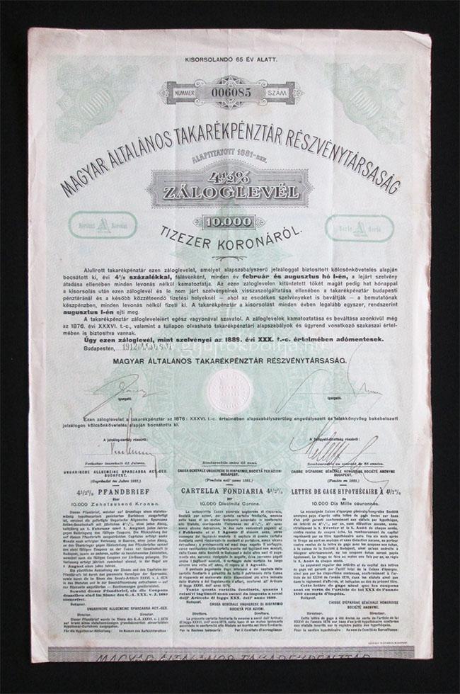 Magyar Általános Takarékpénztár záloglevél 10000 korona 1912